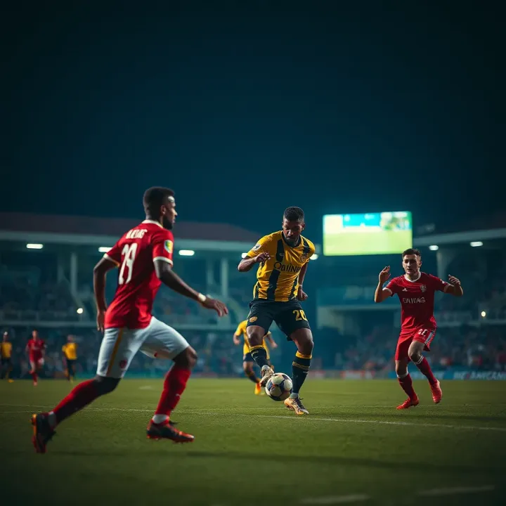 Football pitch with players from African teams competing during a stadium match at night
