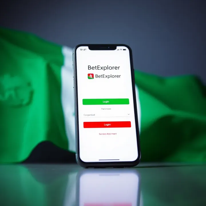 Mobile phone displaying BetExplorer app login screen with Nigerian flag background