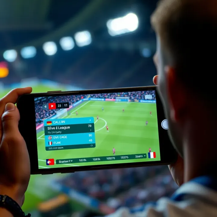 Live streaming interface displaying a Premier League match on a mobile device with clear video quality and match statistics